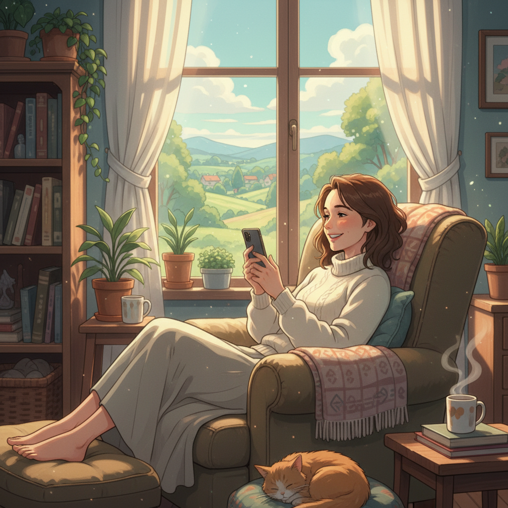 Is It Safe to Talk to an AI Companion? Create a comfy image of a woman about 35 years old happily chatting with her phone. we see the woman's face not the screen of the phone. make the image studio ghibli style but also a bit more realistic