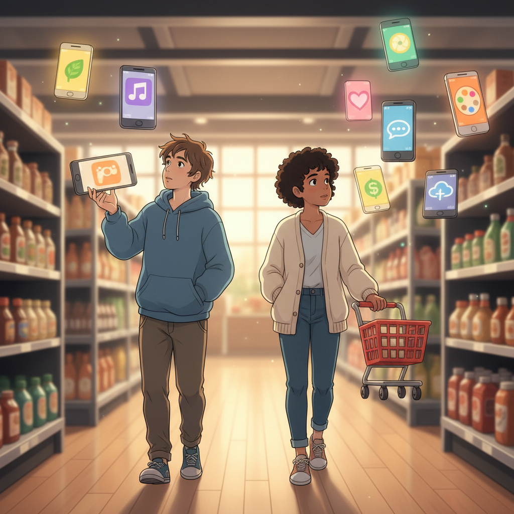 2 people are walking down the aisle of a supermarket. instead of food items the aisles are filled with floating mobile phones and apps with different icons